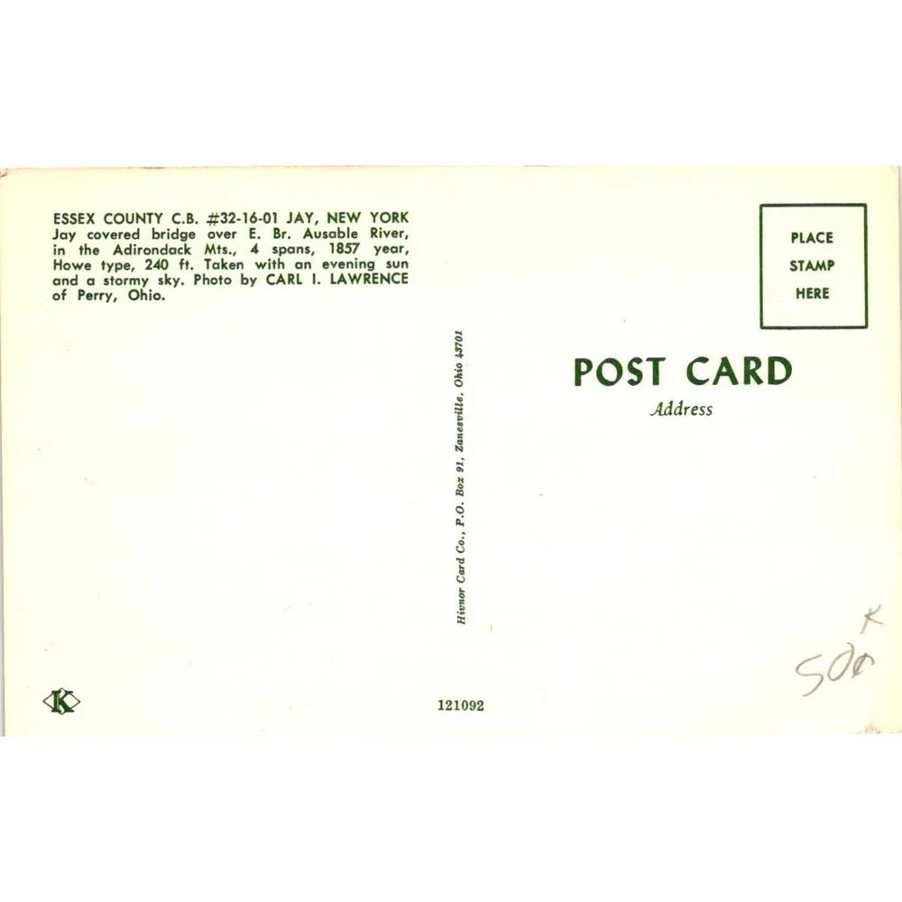 Essex County Covered Bridge Adirondack Postcard Travel Souvenir Unposted Jay New